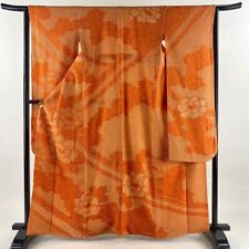 FURISODE 63.4inc Japanese Kimono SILK Peony Chrysanthemum Orange picture