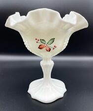 Rare Fenton White Christmas Compote Glass Hand Painted Signed Ruffle Candy Dish picture