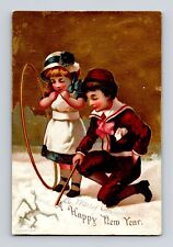 Victorian Trade Card A Happy New Year Boy & Girl Stick Figure In Snow Hoop picture