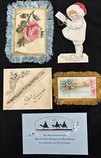 Lot 5 Antique Victorian Era Greeting & Holiday Cards Fringe Handmade Ephemera picture
