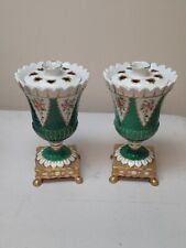 Antique  Made In Italy For Bonwit Teller 2 Vases  Lid Gold Green Bronze Flowers  picture