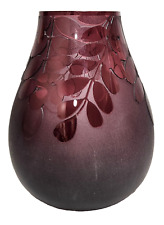 Ken Benson LS Purple Amethyst Carved Olive Leaf Frosted Cameo Art Glass Vase 10
