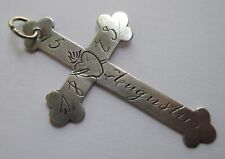 ANTIQUE VICTORIAN SILVER ENGRAVED DATED SACRED BLEEDING HEART NUN CROSS PENDANT picture
