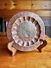Vintage Brass Peacock Plate Tray Enameled Etched Wall 7.5” Red picture