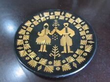 Vintage USSR Russian Straw Marquetry Folk Art Black Lacquered Wood Inlay Plate picture