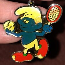 Vintage Smurf Playing Tennis Keychain Colorful Lightweight Metal & Enamel 1½