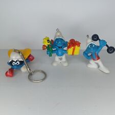 Smurf Schleich 3 Figure Lot Peyo 1980s Christmas Ornament Keychain Weight Lifter picture