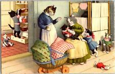 VTG. Anthropomorphic Cats Wicker Carriage Baby Bottle postcard A. Mainzer A292 picture