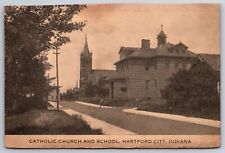 Hartford City Indiana~Catholic Church & School~Street View~c1910 Sepia Postcard picture