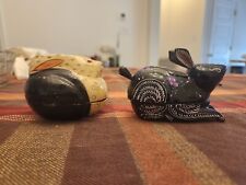 2 Vintage Covered Rabbit Black Lacquer Wood Box Hand Painted with Flowers EB picture