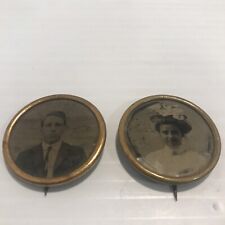 Two Antique Vintage Woman And Man  Photo Lapel Hat Jacket Pin Button picture