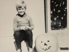Vintage Found Photo Snapshot Little Boy Sitting With Halloween Jack-o-lantern picture