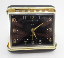 Vintage Elgin Travel Alarm Clock Japan Wind Up Glow Hands Black Background picture