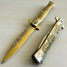 9” Gold Ross Knife Tactical Spring Assisted Open Blade Folding Pocket Knife. picture