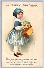 Ellen H Clapsaddle New Year~Lil Girl In Blue Bonnet~Picnic Basket & Bouquet~1917 picture