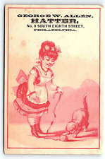 1880s GEORGE W. ALLEN HATTER PHILADELPHIA CAT GIRL VICTORIAN TRADE CARD P312 picture