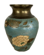 Vintage Solid Brass Painted Enamel Bud Vase Blue Floral 7 1/2”T Unique Boho picture