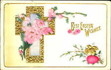 Easter ~pastel air brushed pink gold green cross chick flowers~1913 Weston picture