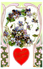 Antique Postcard Birthday Greeting Heart Pansies Clover German Embossed c1900s picture