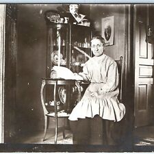 c1910s Old Woman Indoors Reading RPPC Victorian House Interior Real Photo A160 picture