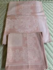 LOVELY Beautiful PINK Vintage Cotton ROSE Damask Tablecloth & 4 NAPKINS ~ 46x70 picture