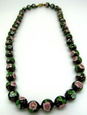 Vintage Cloisonne Beads Black Multicolored Floral Hand Knotted Necklace #76 picture