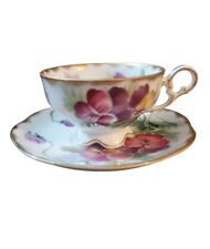 Vintage Lefton China Hand Painted Footed Tea Cup & Saucer Floral Design WK912. picture