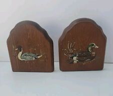 Vintage 70s Wooden Handpainted Wild Mallard Duck Themed Book Ends Decor  picture