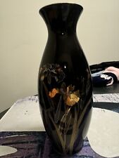 RARE Vintage Gold/black Japanese Vase with the Leaves Flowers 8.5” tall picture