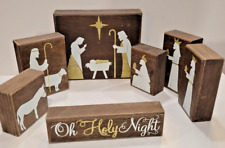 7 Pc Nativity Set by Kirkland Natural Wood Block Style Black w/ White Silhouette picture