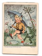 1937 Vintage Postcard Boy with Umbrella and Frog in Rain Illustrated Inge Klein picture