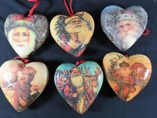 Lot 6 Vintage Christmas Ornaments Hearts Decoupage Old World Santa C1132 picture