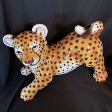 MCM Italian Hand Painted Majolica Ceramic Sneaky Leopard Cub Statue 10” Tall picture
