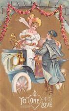 Edwardian Valentines Romance Love Automobile Couple Roses Bonnet Vtg Postcard Q6 picture