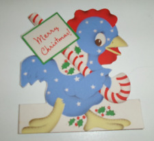 Vtg Kid's Christmas Card DIE CUT  BLUE ROOSTER Candy Cane by Stanley Env. 1940's picture