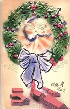c1910 MERRY CHRISTMAS ANGEL WREATH TINSELED HEAVILY EMBOSSED POSTCARD 39-229 picture