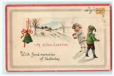 Christmas Greetings Children Playing Snow Scene - With Cinderella Stamp Postcard picture