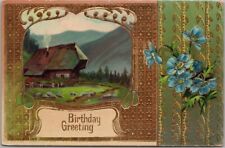 1913 BIRTHDAY GREETING Embossed Postcard House / Cottage Scene / Forget-Me-Nots picture