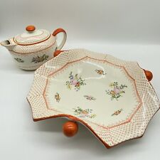 Chintz Teapot & Tray Japan Floral Footed  Orange Whimsical picture