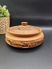 Vtg Hand Carved Round Wooden Lidded Jewelry Trinket Box Candy Box BOHO Tropical picture