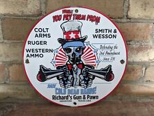 VINTAGE 1957 RICHARD'S PAWN & GUN COLT WESTERN SMITH & WESSON PORCELAIN SIGN 12