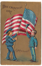c1909 Vintage Decoration Day Embossed Postcard ~ Boys Wave Flag & Remove Hat picture