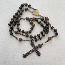 Vintage Irish Cattle Horn Dyed Green Bead Chain Sterling Rosary Crucifix picture