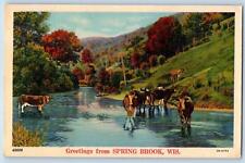 Spring Brook Wisconsin WI Postcard Greetings Cows On River Scene c1940's Vintage picture