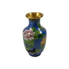 Vintage Mid-Century Chinese Cloisonné Enameled Brass Vase Small Blue Floral 5” picture