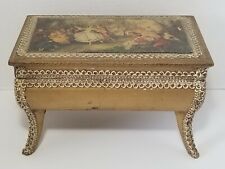 Vintage Norleans Japan Footed Wooden Musical Jewelry Box Victorian Scene picture
