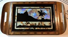 Vintage Brazilian Morpho Iridescent Butterfly Wing Wooden Inlay Tray picture