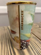 Starbucks 2014 Watercolor Floral 10 oz Ceramic Traveler Tumbler Mug Red Lid picture