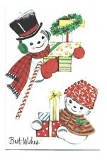 Vintage Christmas Card VERY FANCY DRESSED Mr. & Mrs Snowman with GIFTS picture