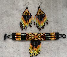 Traditional Handmade HUICHOL MEXICAN ART Beaded Bracelet Earrings Set Sunburst picture